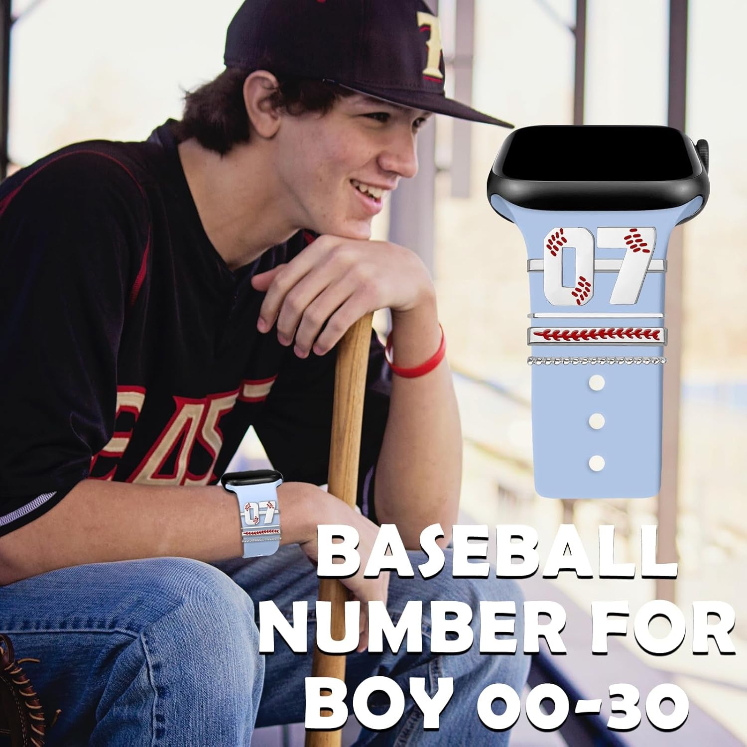 Baseball Number Watch Charms for Boy 00-30 Athletes Jersey Number Decorative Rings Loops Compatible with Apple Watch Accessories 45Mm 44Mm 42Mm 41Mm 40Mm 38Mm Iwatch Series 8 7 6 5 4 3 2 1(No Watch Band)