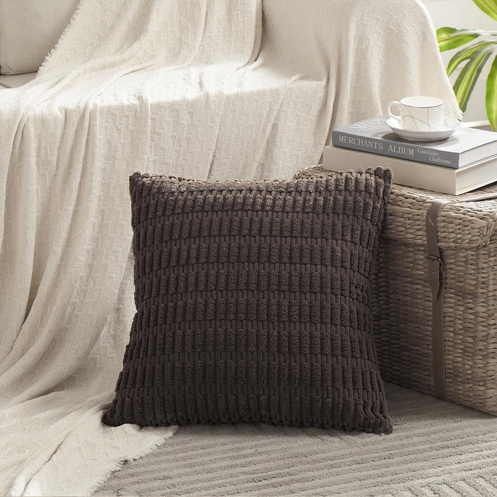 4 Packs Boho Dark Brown Decorative Throw Pillow Covers 18X18 Inch for Living Room Couch Bed Sofa, Rustic Modern Farmhouse Home Decor, Soft Plush Corduroy Cute Square Cushion Case 45X45 Cm