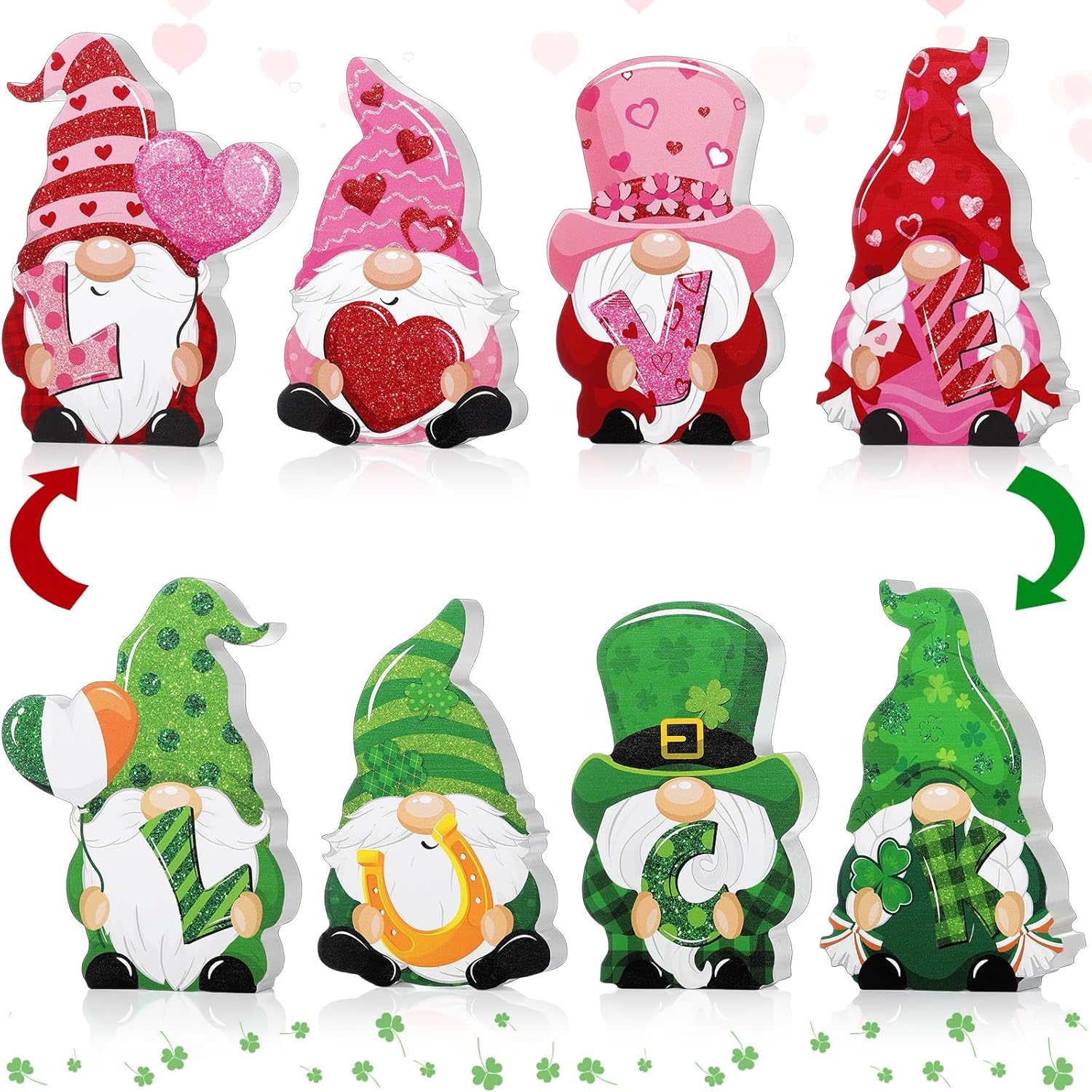 4 Pcs Valentine Wooden Table Sign Reversible St. Patrick'S Day Tabletop Decor Valentine Gnome Table Decoration Love and Luck Table Centerpiece for Home Kitchen Table Tiered Tray Party Decor