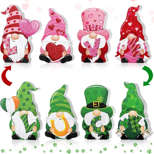 4 Pcs Valentine Wooden Table Sign Reversible St. Patrick'S Day Tabletop Decor Valentine Gnome Table Decoration Love and Luck Table Centerpiece for Home Kitchen Table Tiered Tray Party Decor