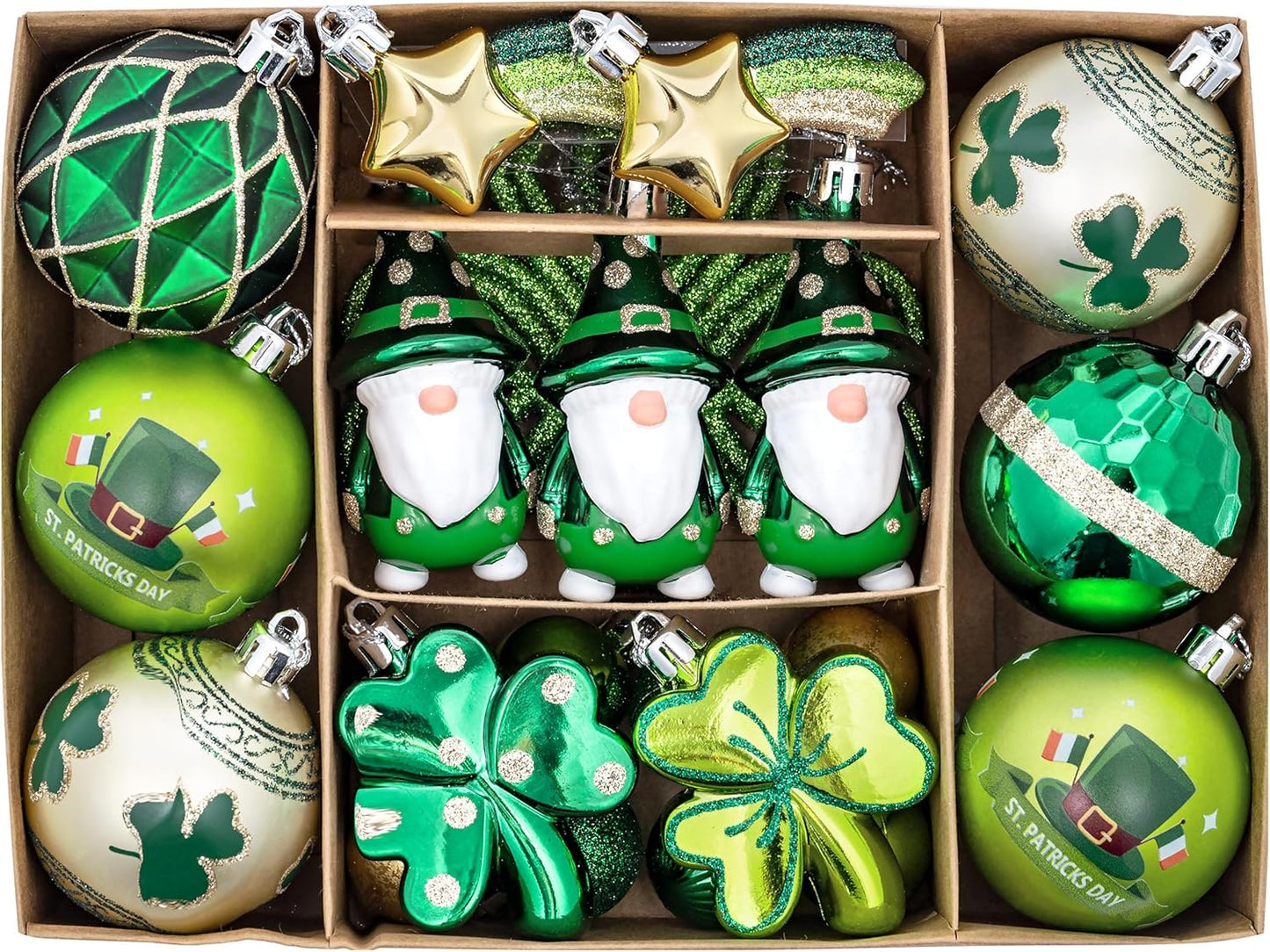 St Patricks Day Decorations Shamrock Tree Ornament,30Pcs Hanging Ball Ornament Gnome Decor for Irish Festival, Good Luck Clover Emerald Green Gold Christmas Ball for Party Home Spring