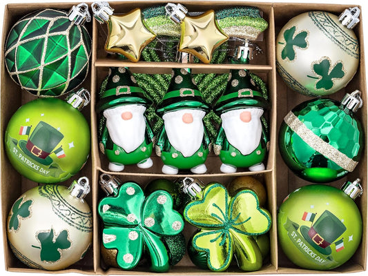 St Patricks Day Decorations Shamrock Tree Ornament,30Pcs Hanging Ball Ornament Gnome Decor for Irish Festival, Good Luck Clover Emerald Green Gold Christmas Ball for Party Home Spring