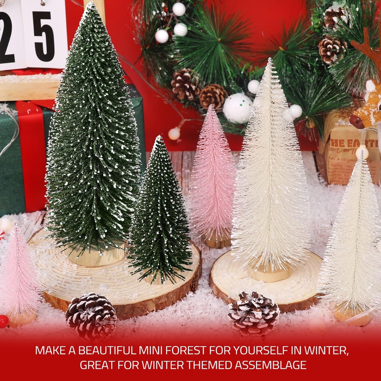 6Pcs Mini Christmas Trees Christmas Decor, Artificial Christmas Mini Bottle Brush Trees Tabletop, Christmas Decoration Trees with 4 Size Xmas Holiday Decor (6Pcs Green+Pink+Beige)