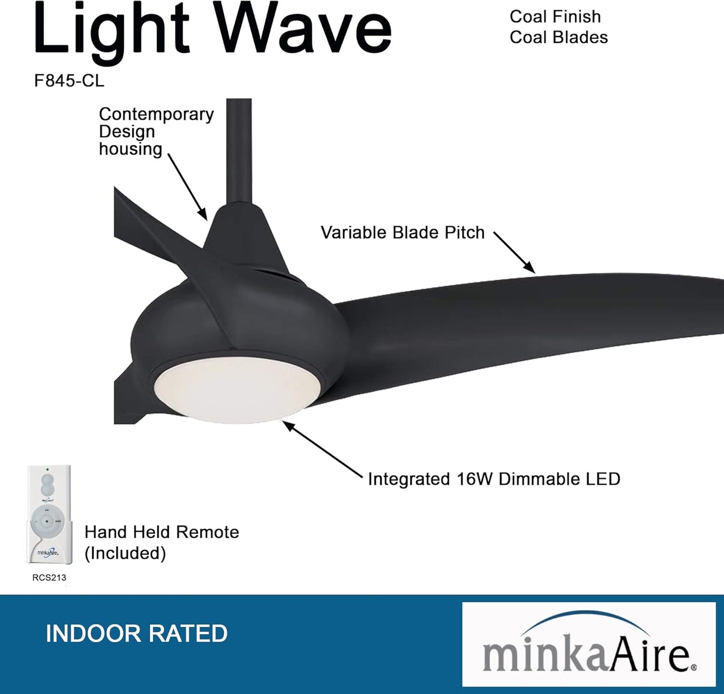 F845-CL Light Wave 44" Ceiling Fan with LED Light and Remote Control in Coal Finish