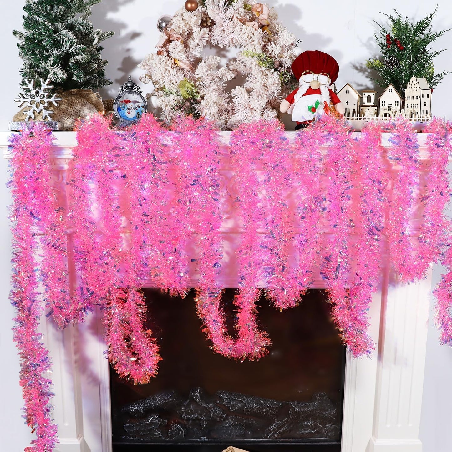 32.8 Ft Pink Christmas Tinsel Garland, Glitter Twist Tinsel for Xmas Tree Party Fireplace Wedding Supplies Decoration