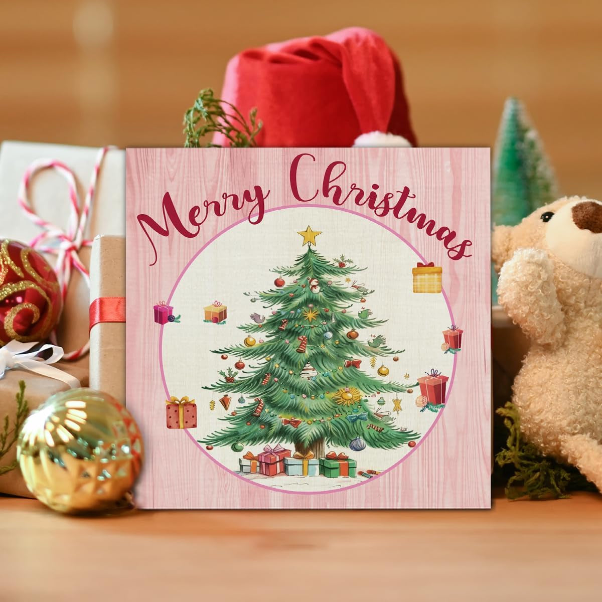 Pink Christmas Decor, Merry Christmas Wooden Sign Home Decor, Christmas Tree Wooden Block Sign, Christmas Decor for Table Shelf 5 X 5 Inch