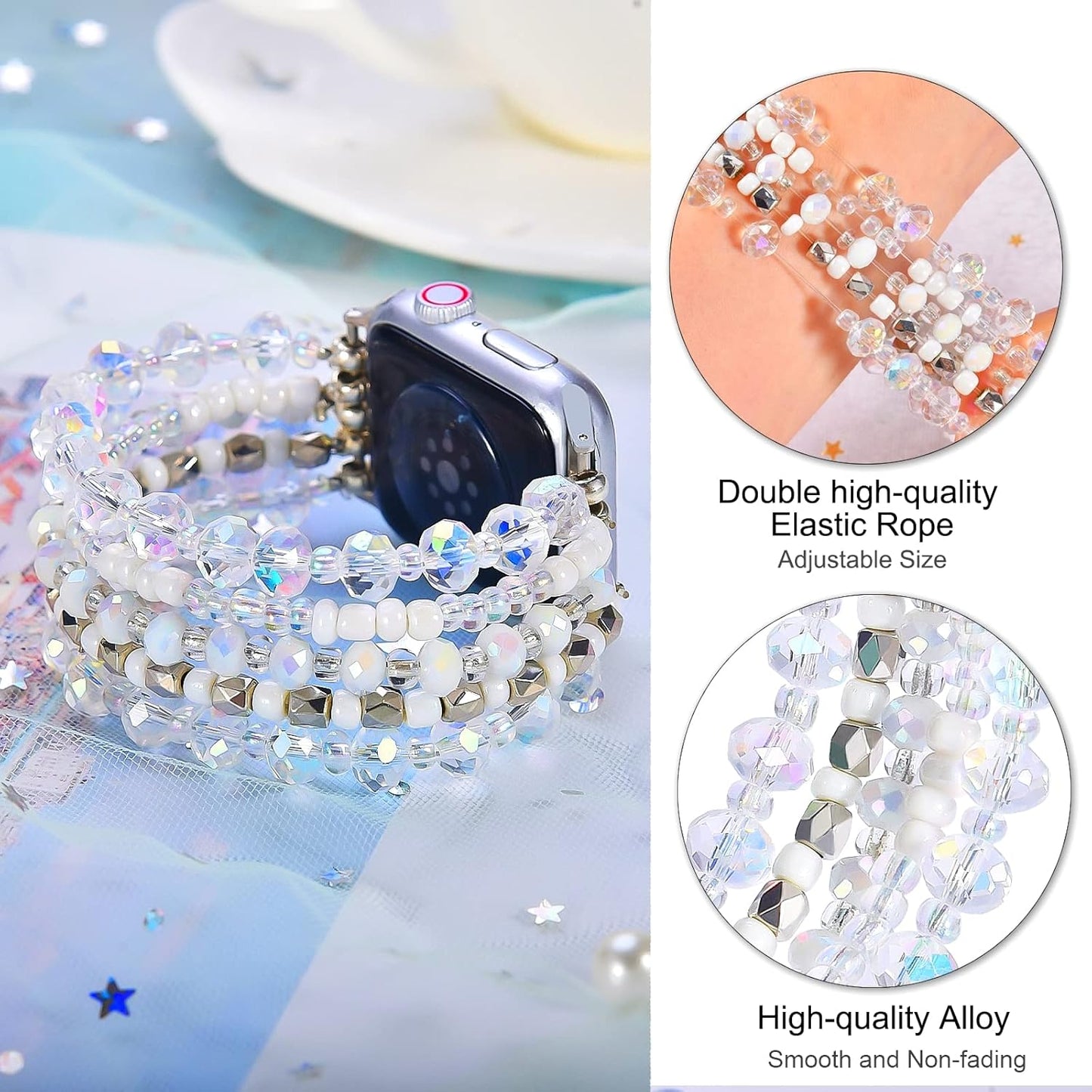 Beaded Bracelet Compatible for Apple Watch Band 40Mm/38Mm/41Mm Series 9 8 7 SE Series 6/5/4 Women Fashion Clear Cute Handmade Stretchy Watch Strap for Iwatch Bands Series 3/2/1 Replacement