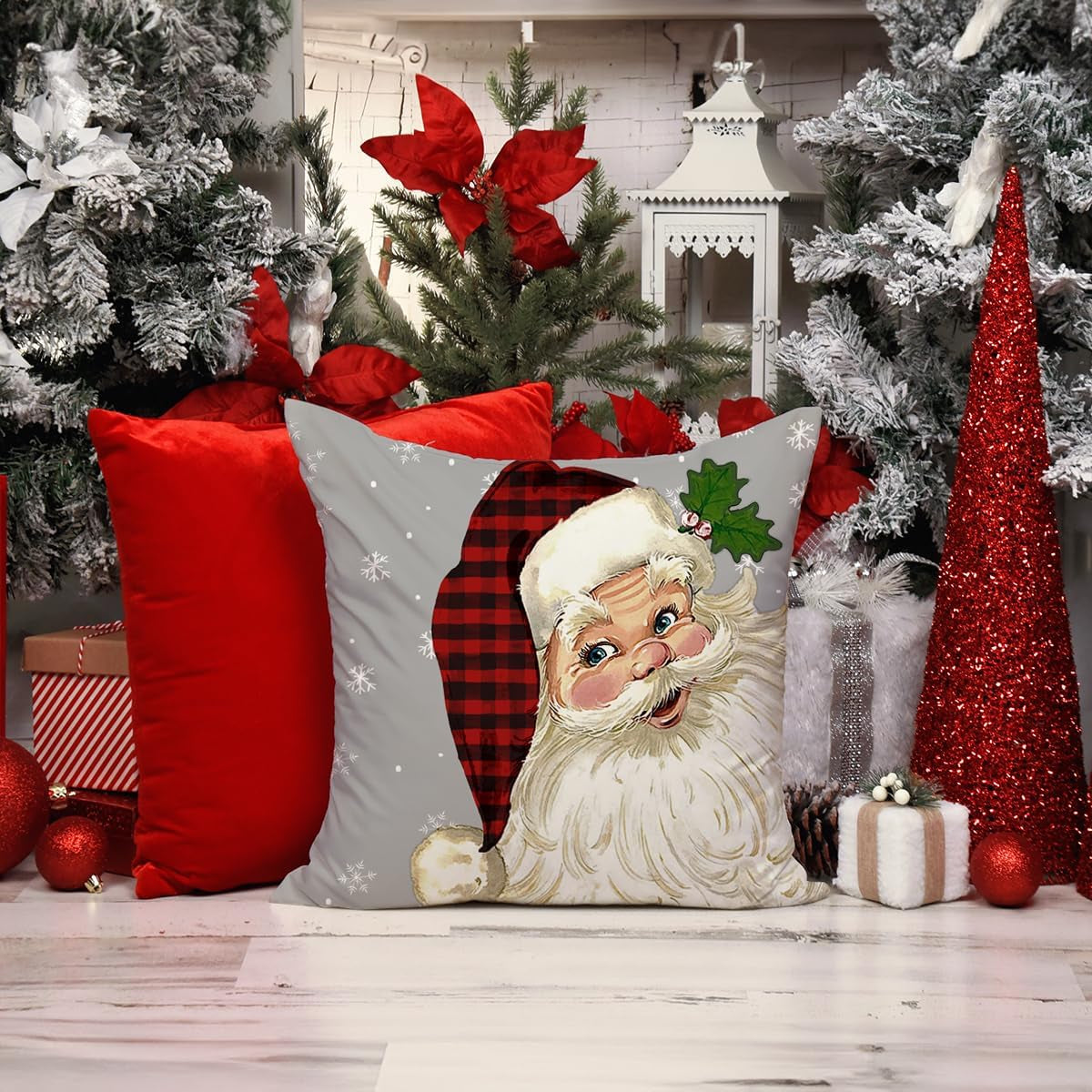 Christmas Decorations Pillow Covers 16×16 Set of 4 Snowflake Santa Snowman Merry Christmas Tree Joy Balls Xmas Rustic Winter Holiday Throw Pillows Christmas Decor Cushion Cases Grey-16