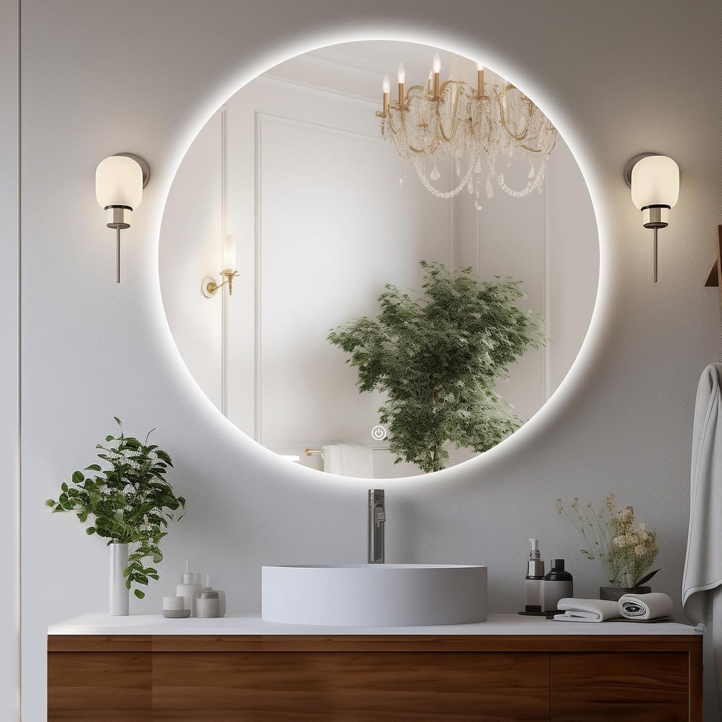 Round LED Bathroom Mirror, 28" Frameless Backlit Wall-Mounted Vanity Mirror with Lights, Anti-Fog Smart Mirror, IP65 Waterproof, Stepless Dimmable 3 Colors, Shatter-Proof, CRI95+