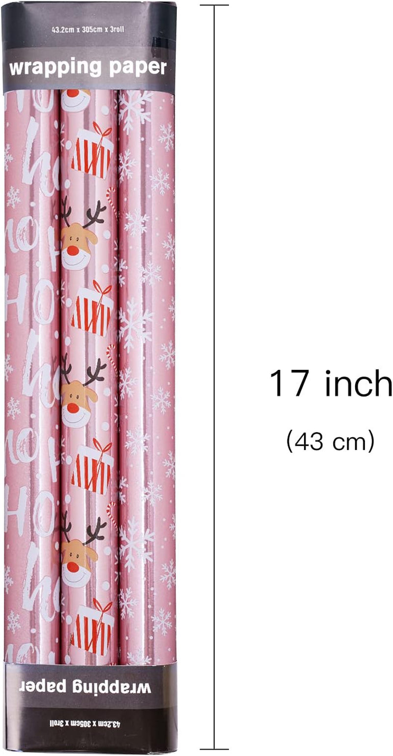 Christmas Wrapping Paper Mini Roll, Pink Metallic Foil Shine Paper - Snowflakes/Santa Claus/Ho Print for Gift Wrap, Arts Crafts - 17 X 120 Inches - 3 Rolls (42.5 Sq.Ft.Ttl.)