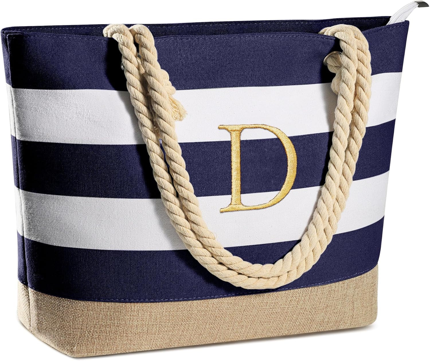Initial Canvas Waterproof Beach Tote Bag Zipper Personalized Gifts for Women Her Birthday Travel Beach Essential