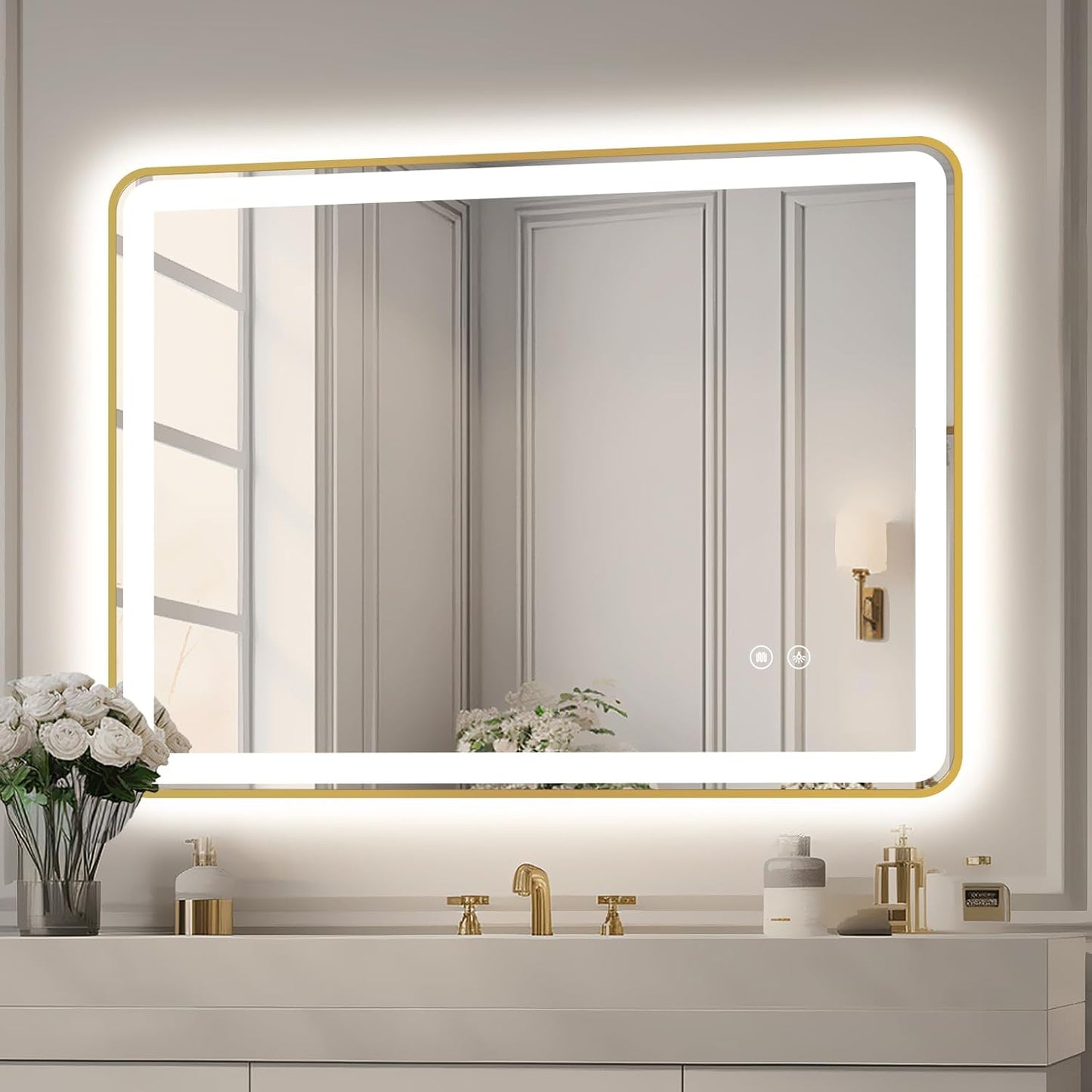 Rectangle LED Bathroom Mirror, 30"X22" Anti-Fog Double Touch Lighted Wall Vanity Mirror 45° Beveled Metal Frame Stepless Adjustable Color Temperature Smart Mirror 3000K-6000K, Gold