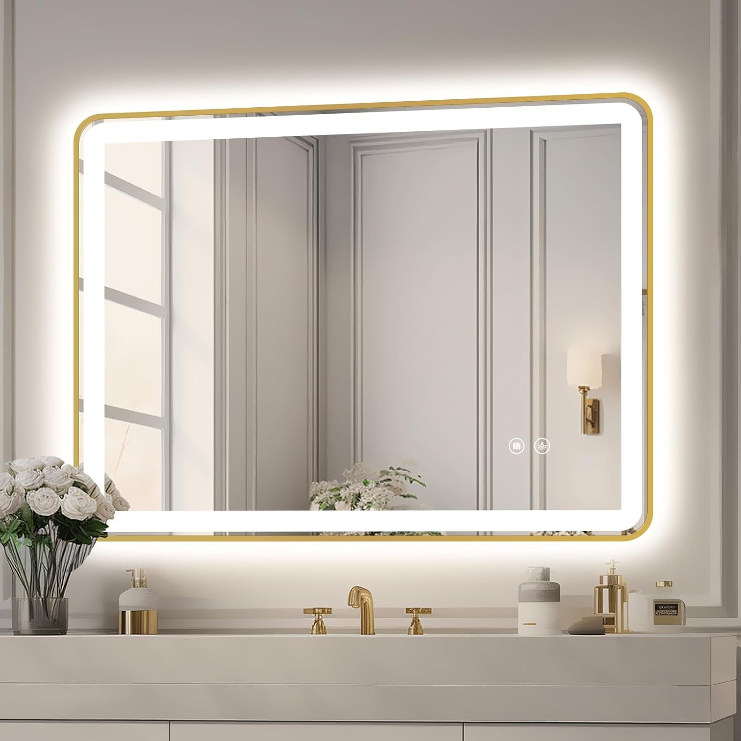 Rectangle LED Bathroom Mirror, 30"X22" Anti-Fog Double Touch Lighted Wall Vanity Mirror 45° Beveled Metal Frame Stepless Adjustable Color Temperature Smart Mirror 3000K-6000K, Gold