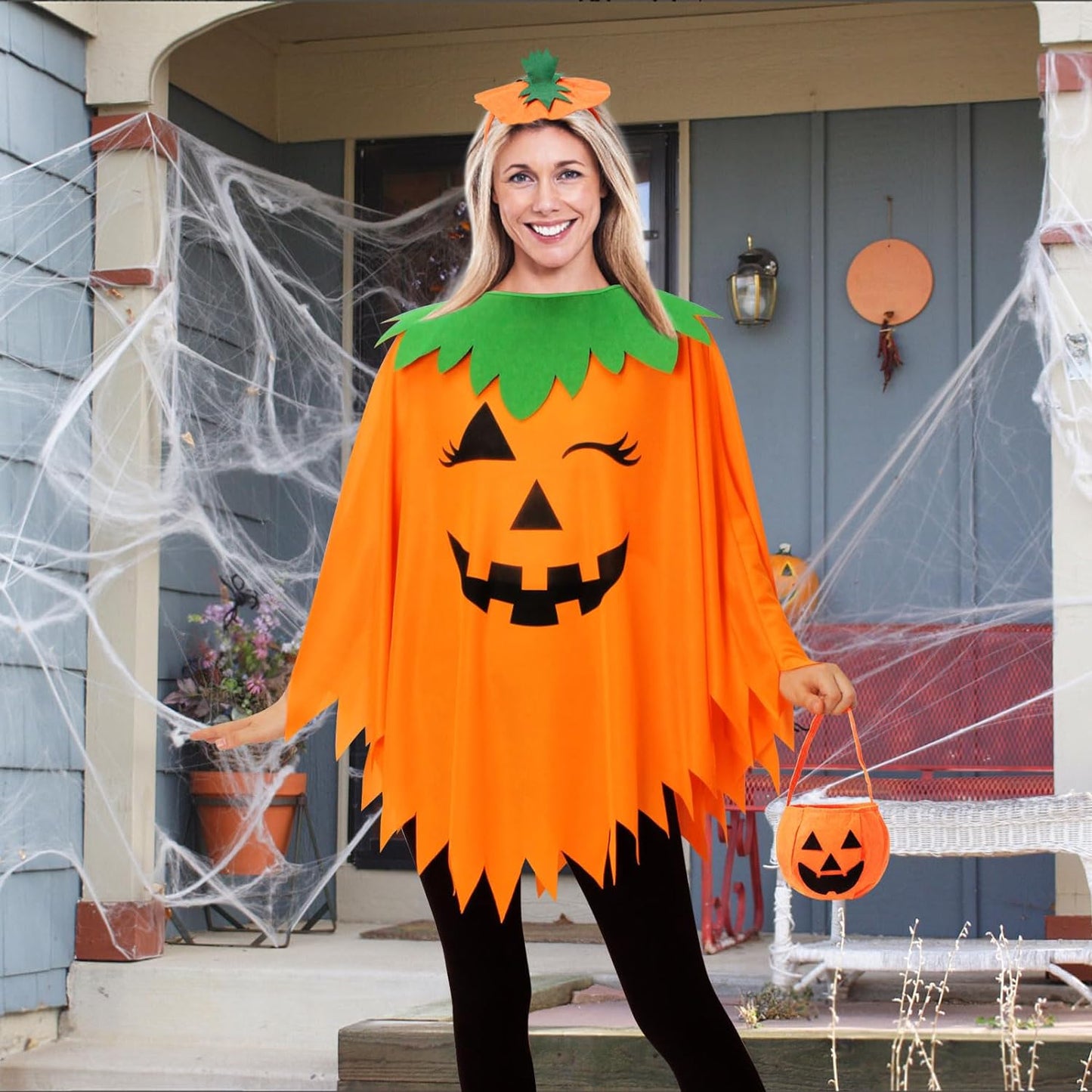 3PCS Halloween Pumpkin Costume for Women,Pumpkin Poncho for Adults with Headband & Bag,Halloween Costume for Women