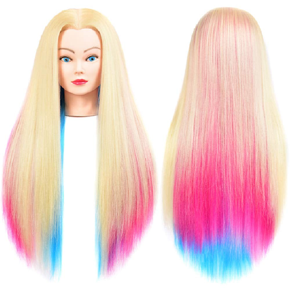 Mannequin Head with Long Synthetic Fiber Colorful Hair Styling Training Head 26-28Inch Manikin Cosmetology Doll Head Hairdressing Training Model for Cutting Braiding Practice and Free Clamp Holder