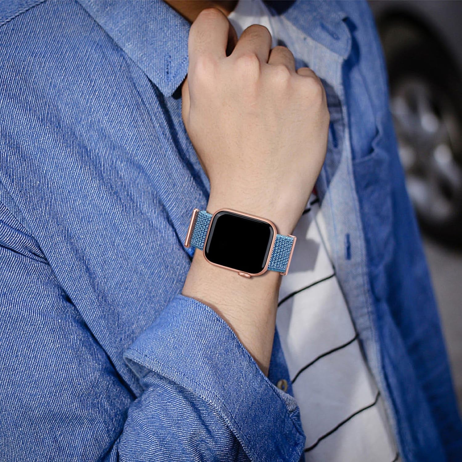 Nylon Band Compatible with Apple Watch Band 38Mm 40Mm 41Mm 42Mm 44Mm 45Mm 46Mm 49Mm for Women Men, Soft Braided Stretchy Solo Loop Sport Band for Iwatch Series 10/9/8/7/6/Se/Ultra Blue Fog S
