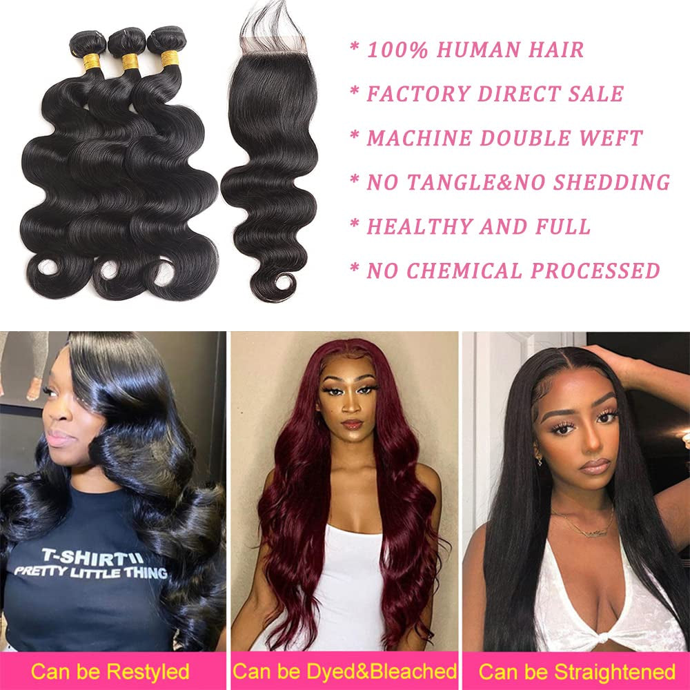 Body Wave Human Hair Bundles with Closure 100% Unprocessed Brazilian Virgin Human Hair 3 Bundles Body Wave with 4X4 Free Part Lace Closure Natural Black Hair Extension