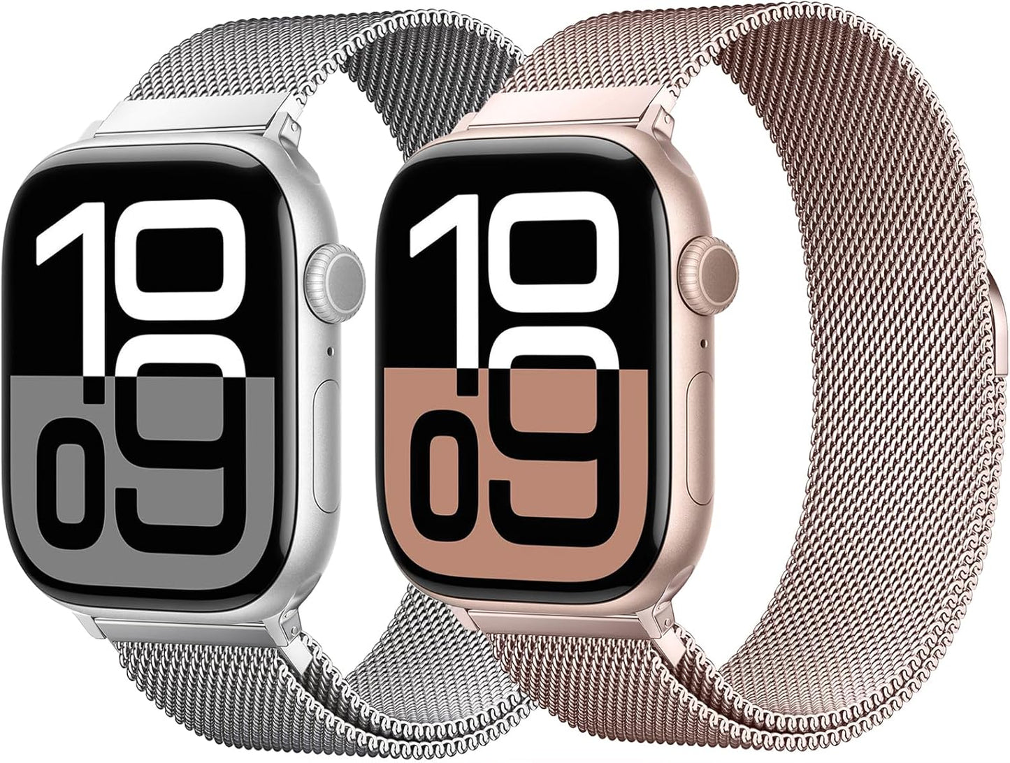 2 Pack Stainless Steel Mesh Loop Compatible with Apple Watch Band 38Mm 40Mm 41Mm 42Mm Series 10 Women Men, Magnetic Clasp Replacement Strap for Iwatch - Rose Gold+Silver
