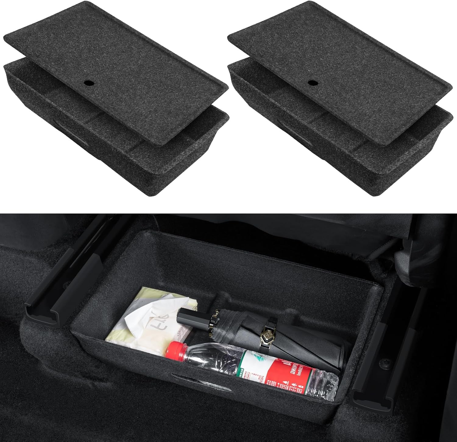 2PCS under Seat Storage Box for Tesla Model Y 2024, TPE Storage Tray Box with Lid, Model Y Organizer Accessories 2020-2024, Black (For Five-Seater Model Y)