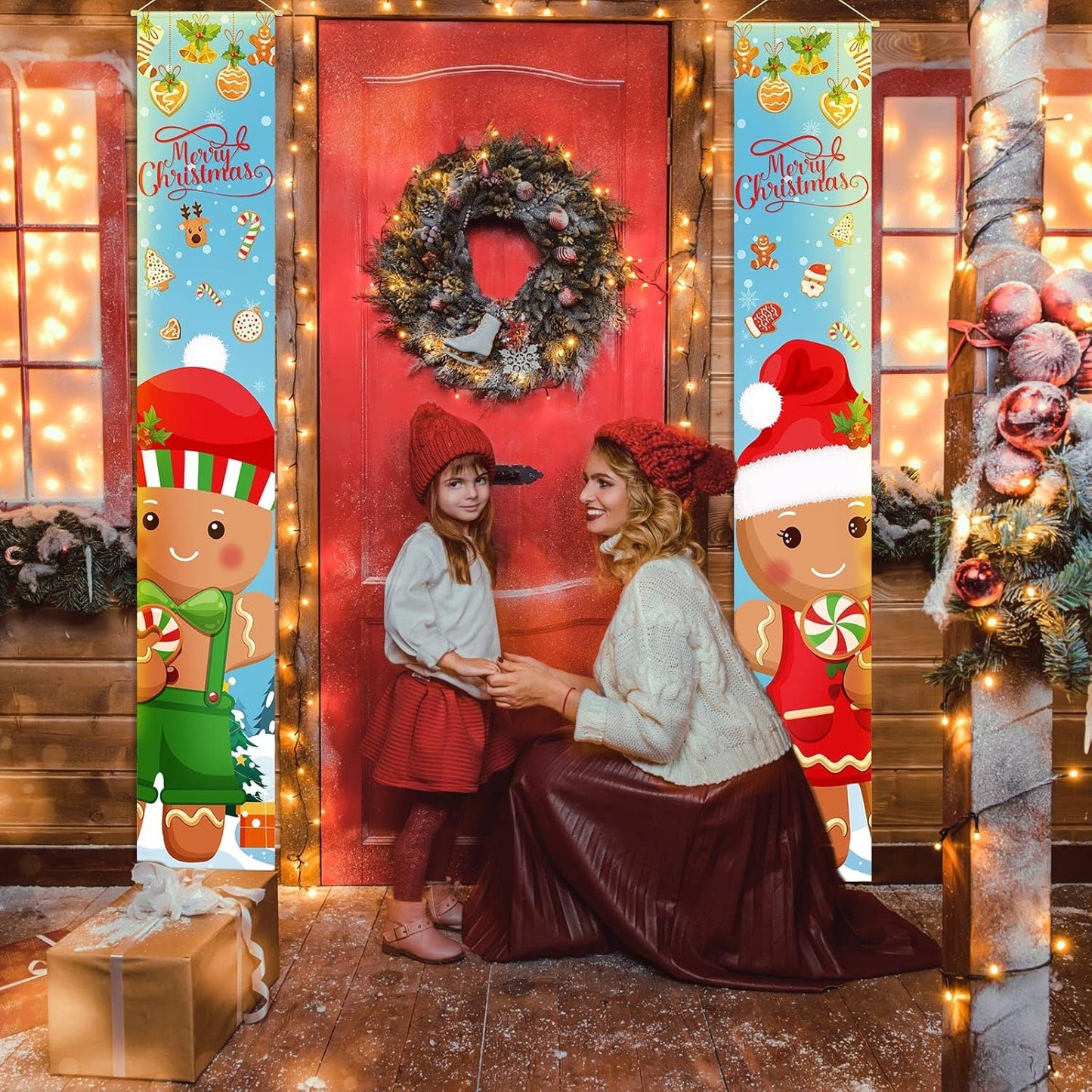 2 Pcs Christmas Porch Sign Gingerbread Door Sign Banner Christmas Hanging Door Banner for outside Indoor Outdoor Home Front Porch Holiday Xmas Decorations Gingerbread Party Supplies