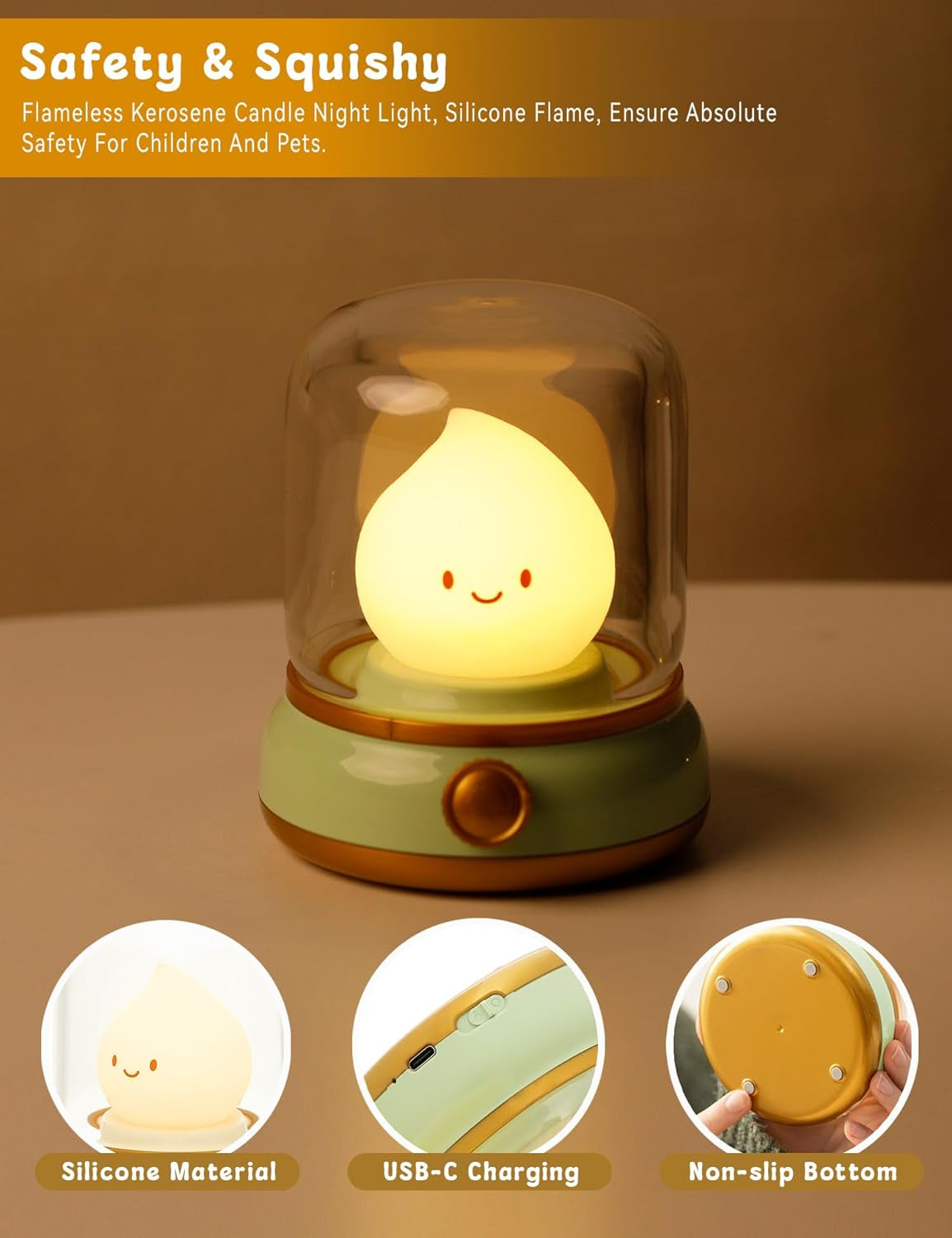Cute Chibi Flame Lamp, Mimics Flickering Flame Effect Amber Light,2 Modes Rechargeable Dimming Great Ambience Light for Camping, Curing, Decoration, Green, BD-NL-17