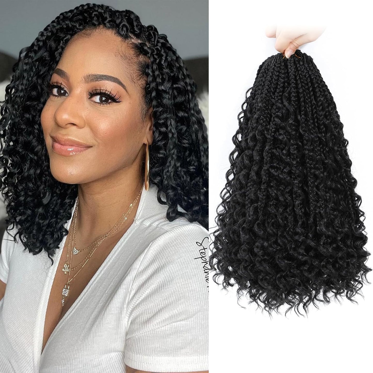 Goddess Box Braids Crochet Hair 10 Inch Boho Crochet Box Braids with Curly Ends, 9 Packs Bohomian Box Braids Crochet Hair for Black Women Pre Looped Box Braids Crochet Hair (10Inch 9 Packs,1B)