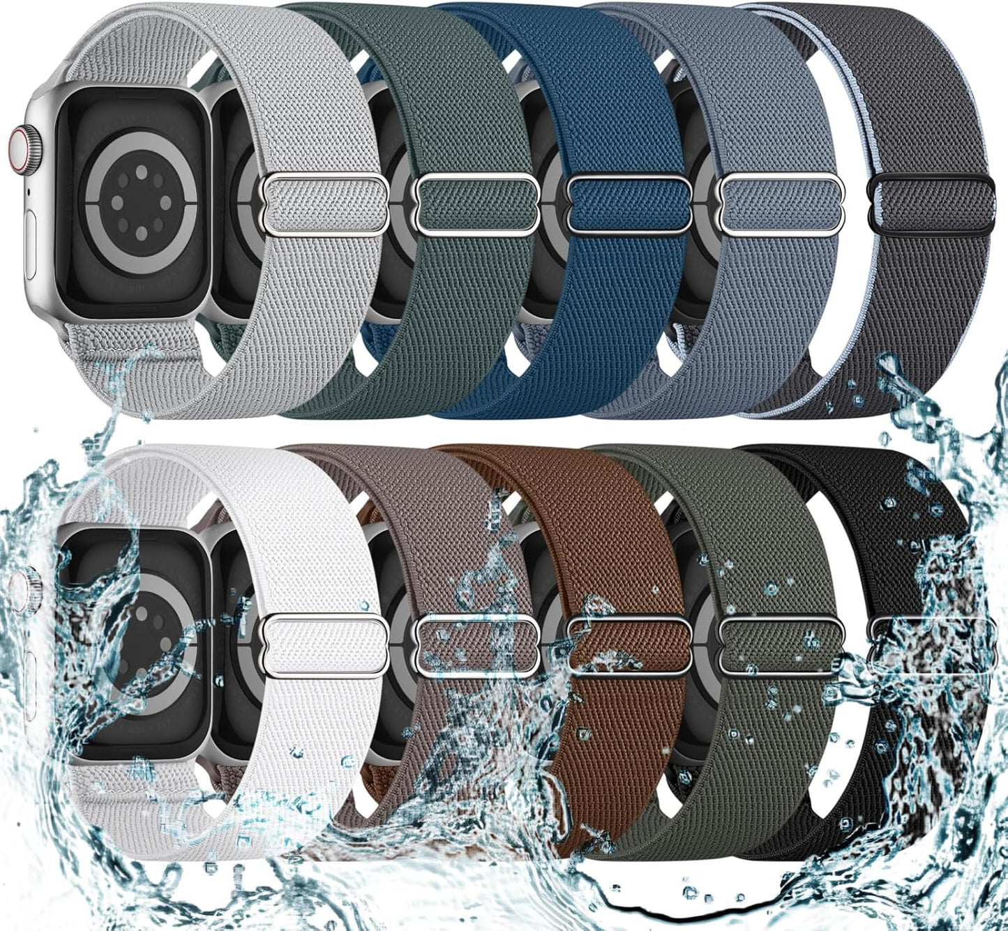 10 Pack Stretchy Bands Compatible with Apple Watch Band 40Mm 38Mm 41Mm 42Mm 44Mm 45Mm 46Mm 49Mm Women Men, Water-Resistant Solo Loop Elastic Sport Straps for Iwatch Series 10 9 8 7 6 5 4 3 SE Ultra