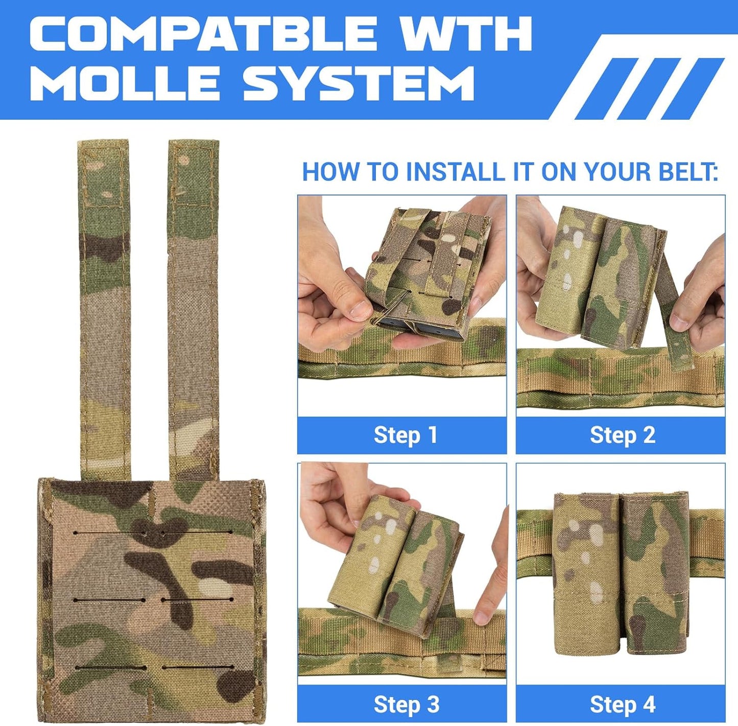 Double Pistol Mag Pouch with Quick Release, 9Mm Nylon Magazine Holder, Includes 4 Molle Elastic Bands, Premium Battle Belt Accessories