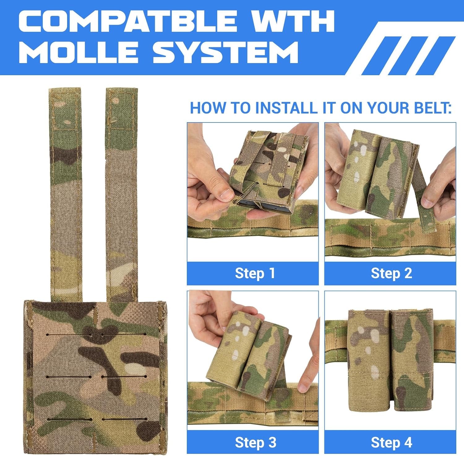 Double Pistol Mag Pouch with Quick Release, 9Mm Nylon Magazine Holder, Includes 4 Molle Elastic Bands, Premium Battle Belt Accessories