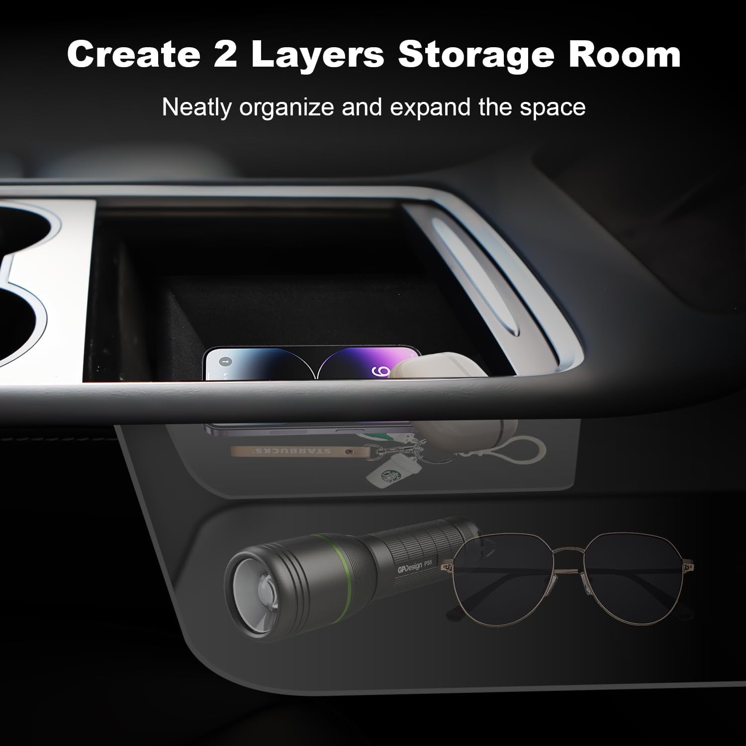 5 PCS 2024 Upgraded Center Console Organizer Tray Set for Tesla Model 3 Model Y Accessories Armrest Hidden Organizer Box Cup Holder Webcam Cover Black