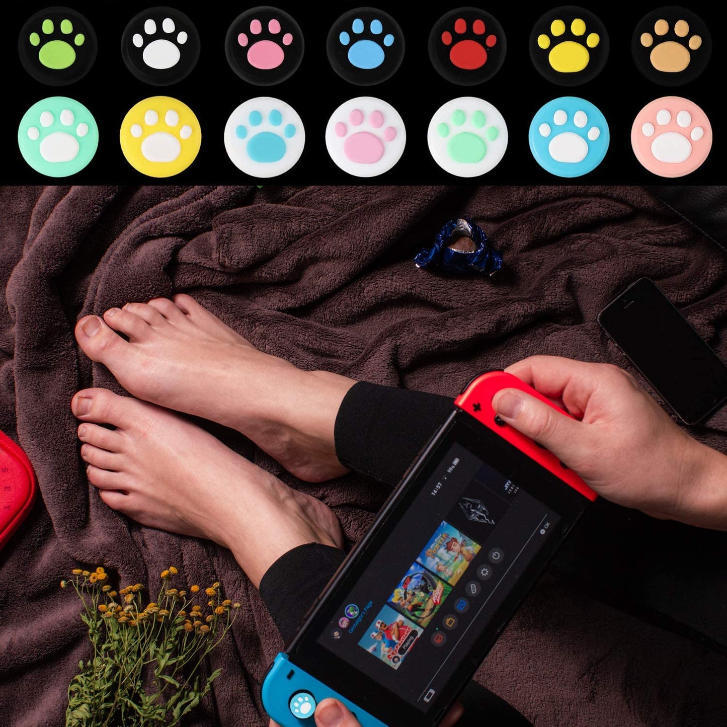 28 Pieces Replacement Cute Cat Claw Design Thumb Grip Caps Thumb Grips Analog Stick Cover Joystick Cap Soft Silicone Cover Compatible with Nintendo Switch, Switch Lite and Joy Con Controller