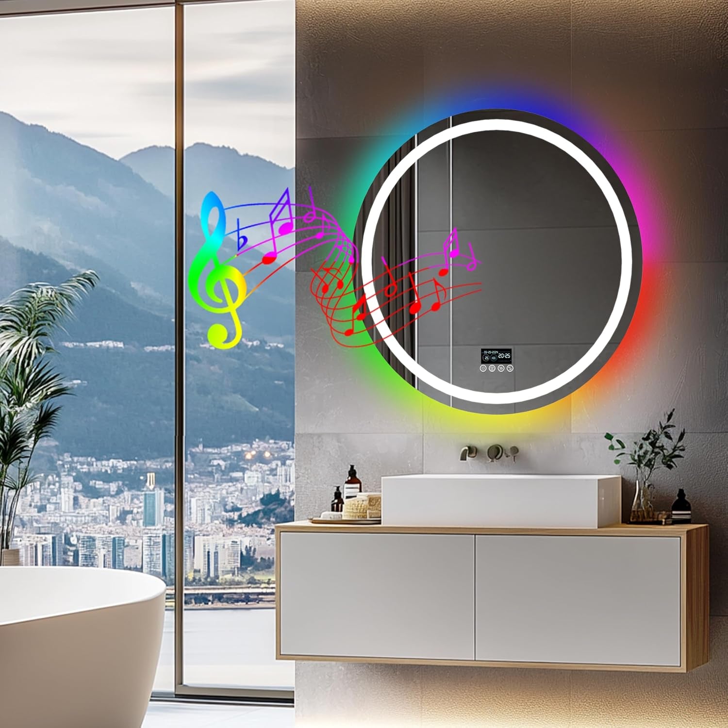 Front Lighted RGB Backlit Bluetooth Mirror: 32 Inch round Dimmable 11 Colors Smart Anti-Fog Bathroom Mirrors with Bluetooth Speaker - Wall Mounted LED Mirror with Digital Display