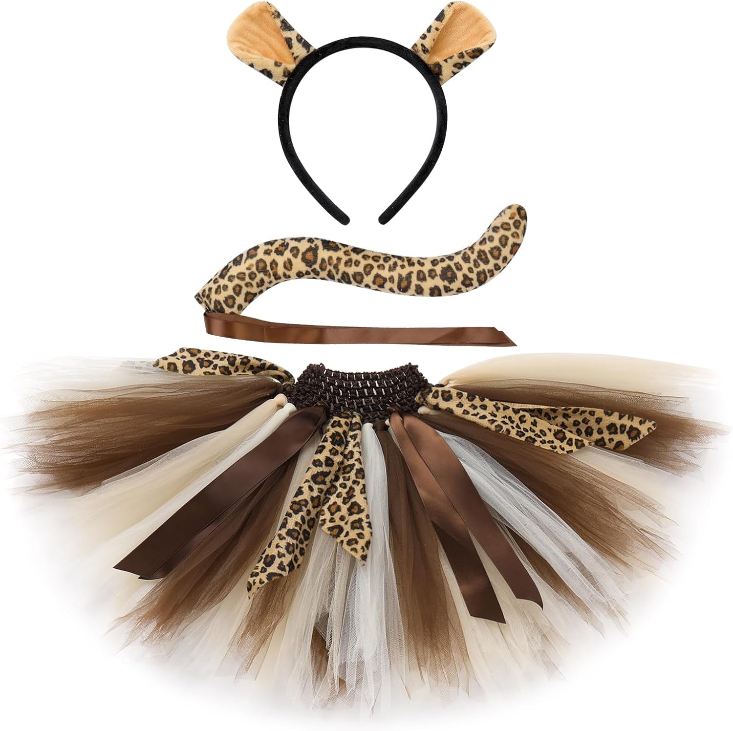 Baby Girls Jungle Animals Costume Tulle Tutu Skirt Ears Headband Bow Tie and Tail Set for Halloween Cosplay Dress Up