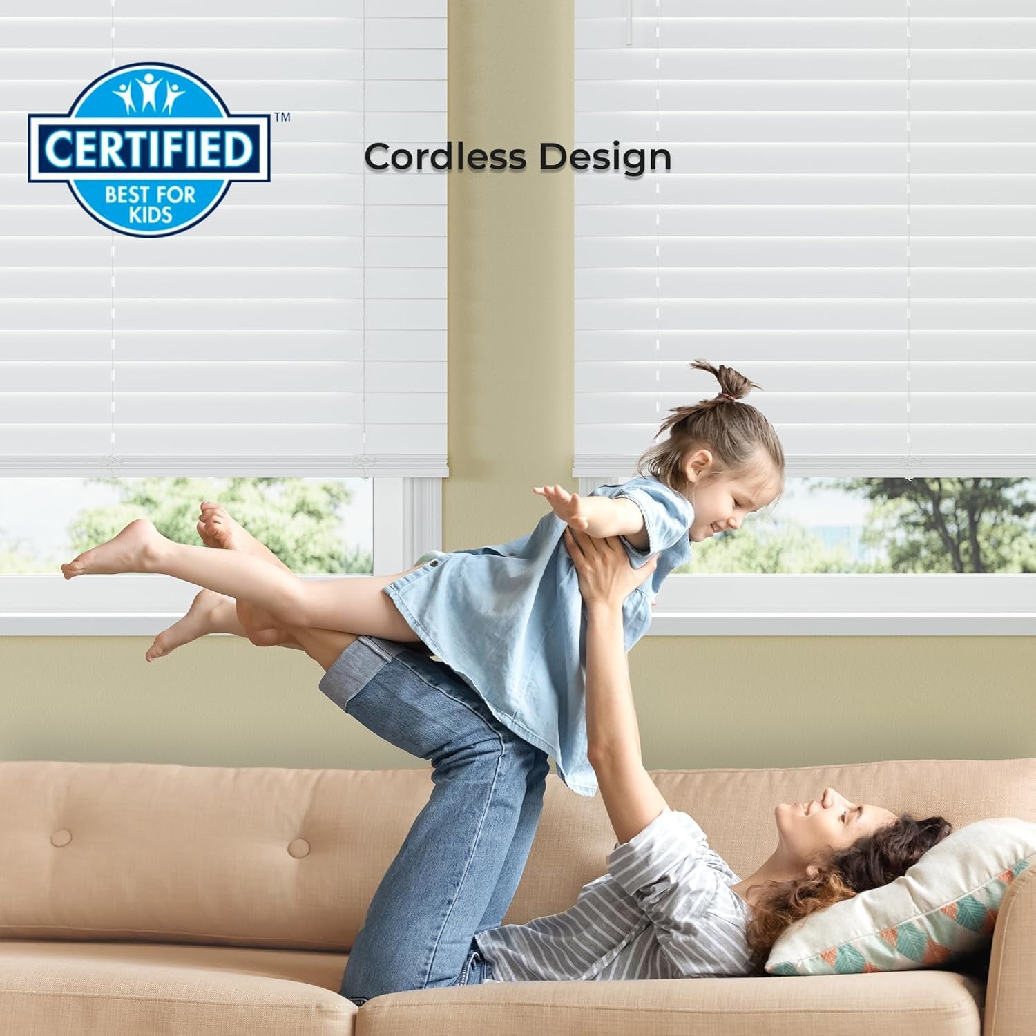 2.5 Inch Cordless Faux Wood Blind, 34" W X 60" L - White Plantation Style Venetian Blinds, over 400 Custom Sizes Starting at 29.97, Room Darkening Shades for Interior Windows by