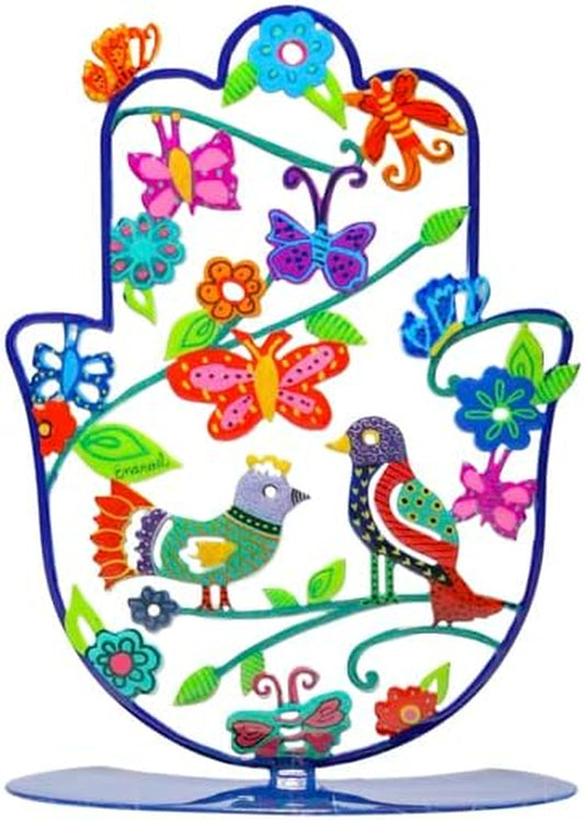 Yair  Small Standing Hamsa Hand Amulet 4 Inch | Colorful Good Luck Charm | Hamsah Stand Home Blessing | Judaica Art Gift (Birds SHG-15)