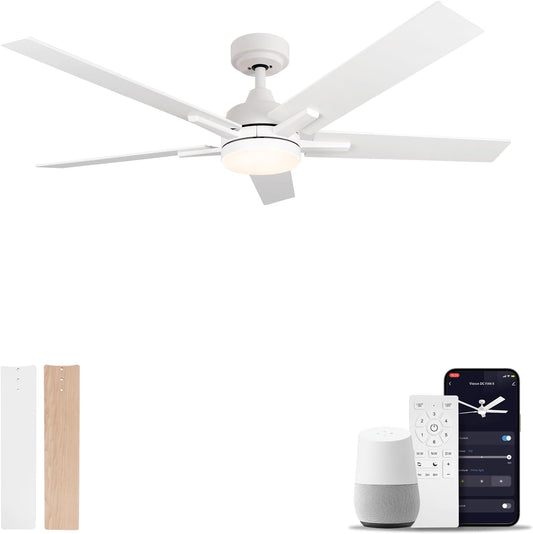 52 Inch Ceiling Fan, Smart Ceiling Fan with Remote/App, White Ceiling Fan with 6-Speeds Reversible Motor, Alexa Ceiling Fan with 5 Two-Sided Blades Dimmable Noiseless for Indoor Bedroom/Outdoor