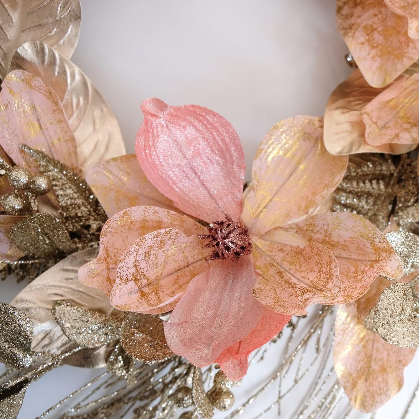 18 Inch Winter and Christmas Magnolia Flowers Gold Glitter Wreath for Home and Front Door Decor, Pink and Gold Magnolia Flower Wreath for Indoor