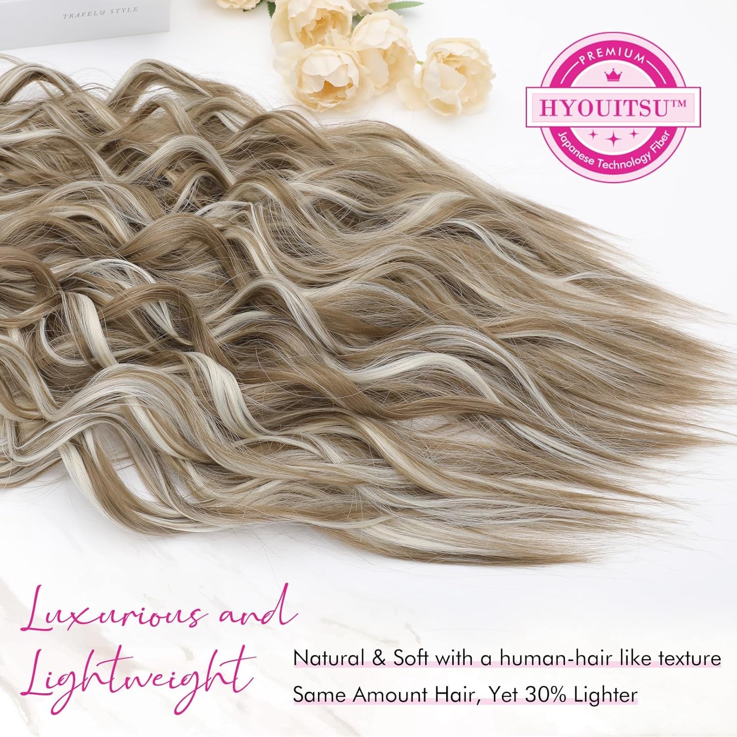 Clip in Hair Extensions, 4PCS 24" Thick Long Beach Waves Hair Extensions HE003 Invisible Lace Weft Natural Soft Hairpieces for Women – Ash Brown with Platinum Highlights