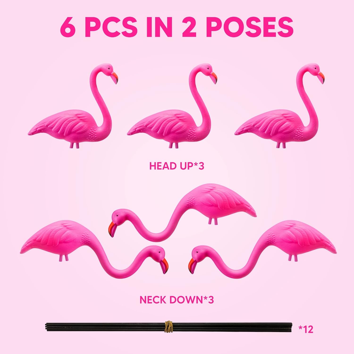 Set of 6 Small Pink Flamingo Yard Ornament Stakes, Mini Lawn Plastic Flamingo Statue with Metal Legs for Sidewalks, Outdoor Garden, Luau Party, Tropical Party Decor, 2 Styles