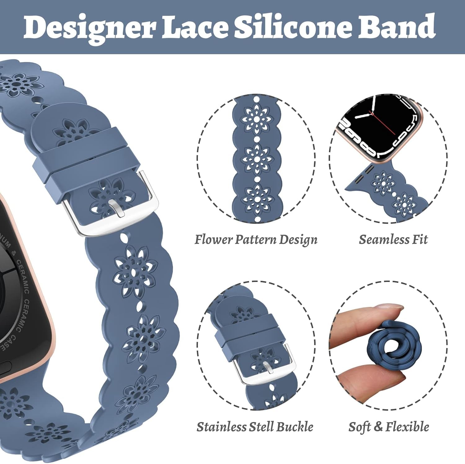 Floral Silicone Band Compatible with Apple Watch Bands 38Mm 40Mm 42Mm 44Mm 41Mm 45Mm 49Mm Women Men, Slim Hollow-Out Design Wristbands Soft Sport Breathable Watch Bands for Iwatch Ultra SE Series 9/8/7/6/5/4/3/2/1