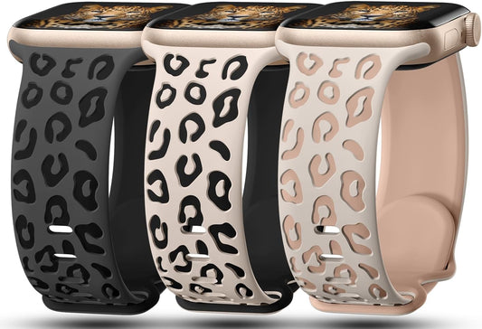 3 Pack Leopard Engraved Bands Compatible with Apple Watch Band 41Mm 40Mm 38Mm 49Mm 45Mm 44Mm 42Mm Women, Soft Silicone Cheetah Embossed Sport Strap for Iwatch Bands Series 9 8 7 6 5 4 3 2 1 Ultra SE