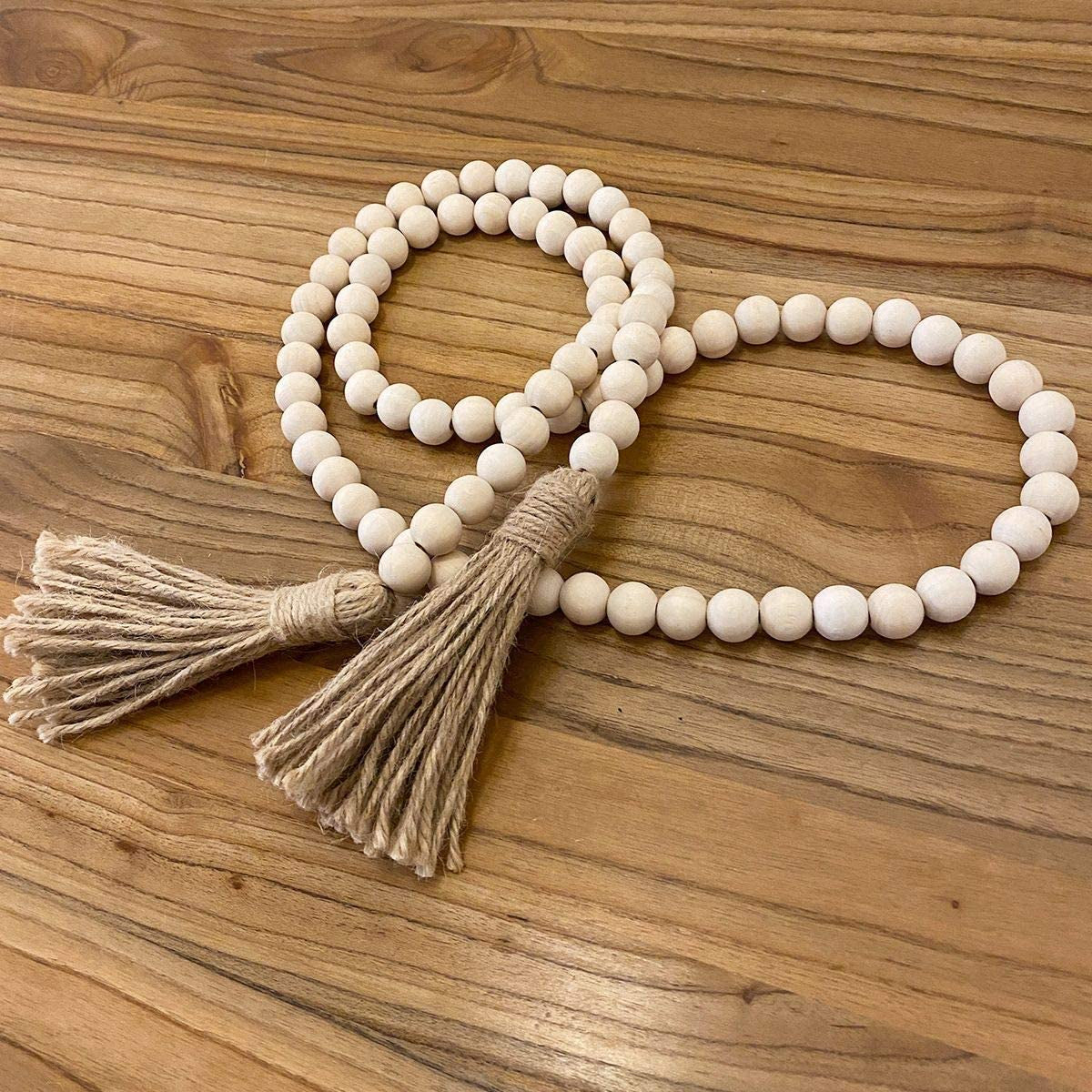 Farmhouse Beads 58In Wood Bead Garland with Tassels Rustic Country Decor Prayer Boho Beads Big Wall Hanging Decor