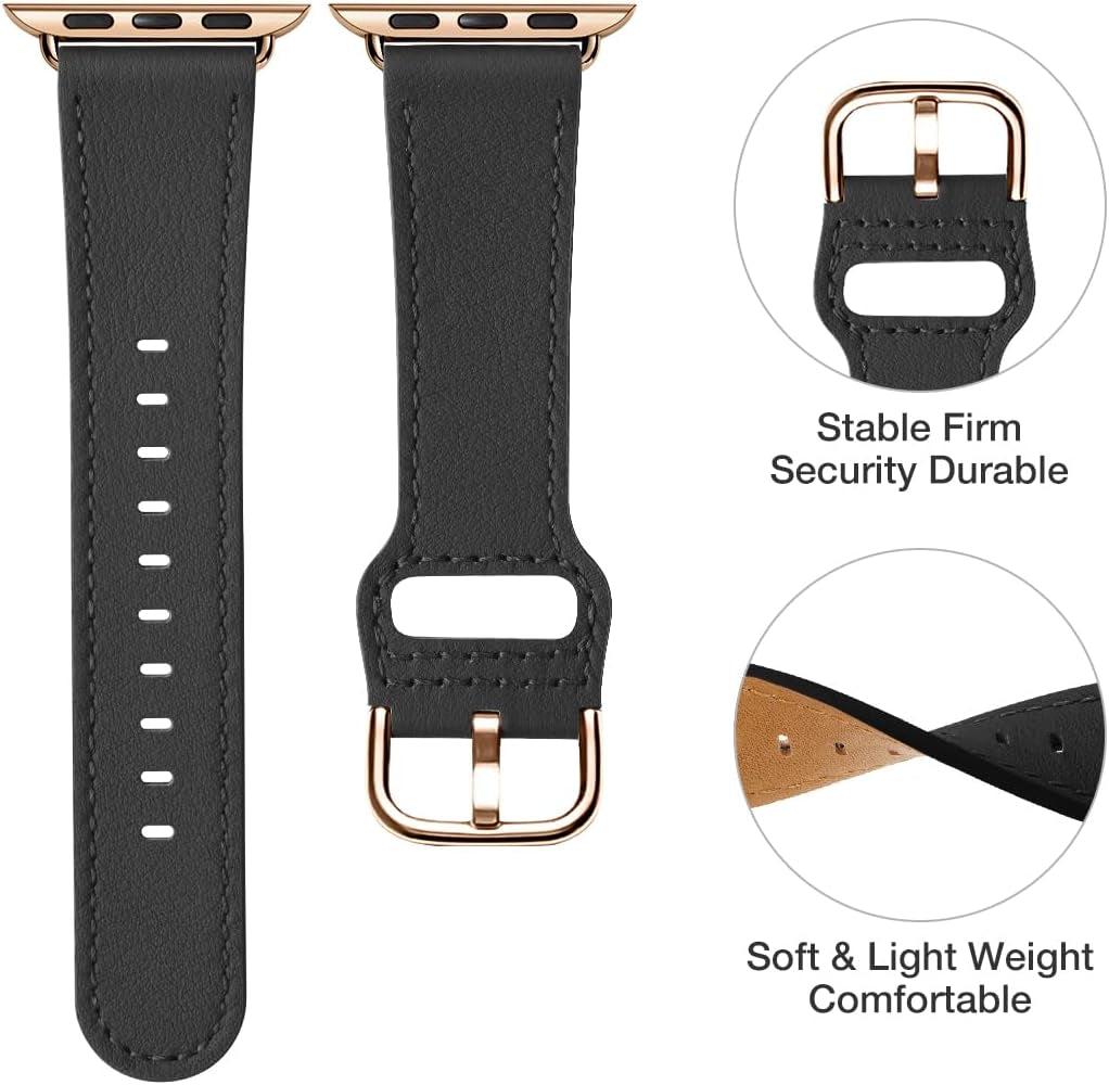 Leather Bands Compatible with Apple Watch Band 38Mm 40Mm 41Mm,Genuine Leather Strap Compatible for Women Men Iwatch SE Ultra Series 9 8 7 6 5 4 3 2 1(Black/Plating Gold)