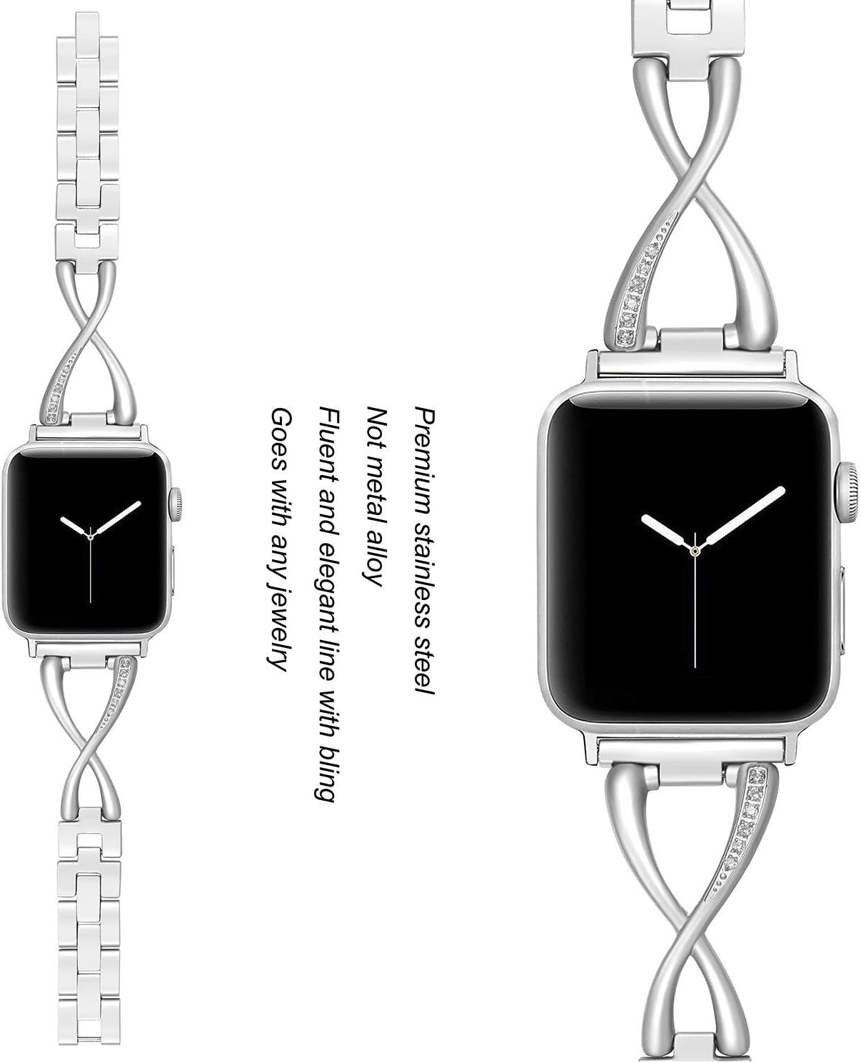 Bands Compatible with Apple Watch Band 38Mm 40Mm 41Mm 42Mm 44Mm 45Mm Iwatch SE Series 9/8/7/6/5/4/3/2/1 Women Dressy Jewelry Stainless Steel Accessories Wristband Strap