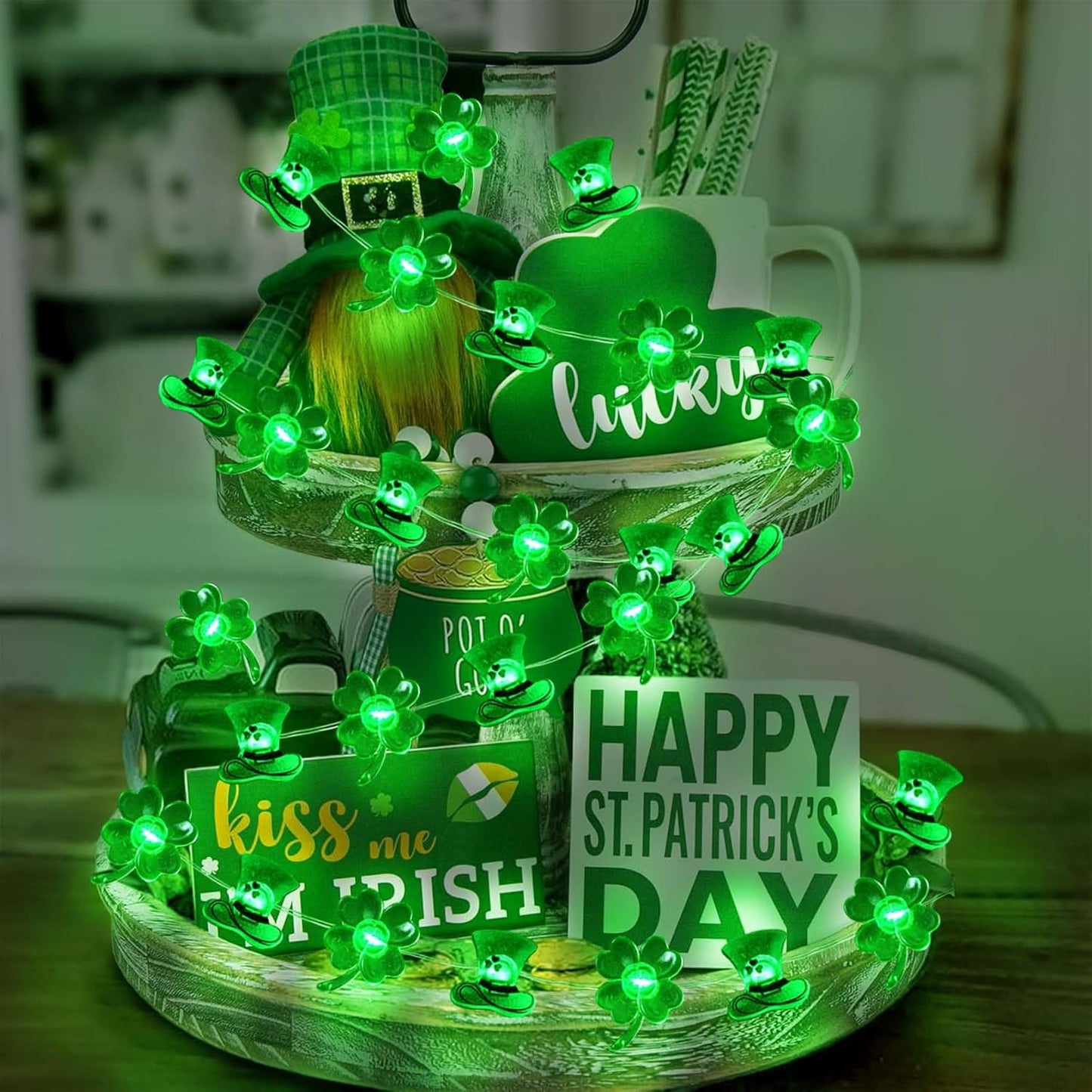 50LED Shamrocks Leprechaun Hat Lights for St Patricks Day Decorations, Battery Operated Green Lucky Clover Fairy String Lights for St Patricks Home Garden Indoor Outdoor Irish Decor (8 Modes)