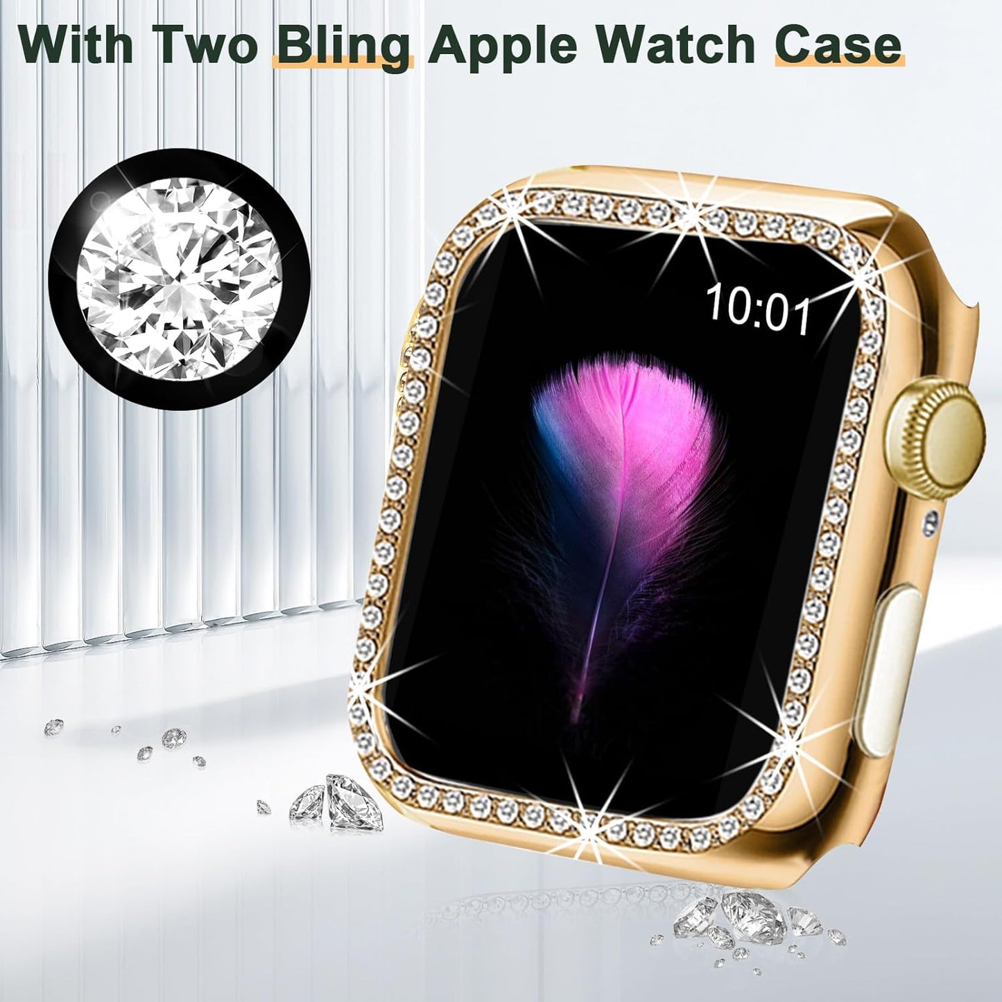 Compatible for Apple Watch Band with Screen Protector Case, Jewelry Replacement Band 45Mm 44Mm 42Mm 41Mm 40 Mm 38Mm 2 Pack Bling Protective Cover for Iwatch Series 9/8/7/6/5/4/3/2/1/SE Women