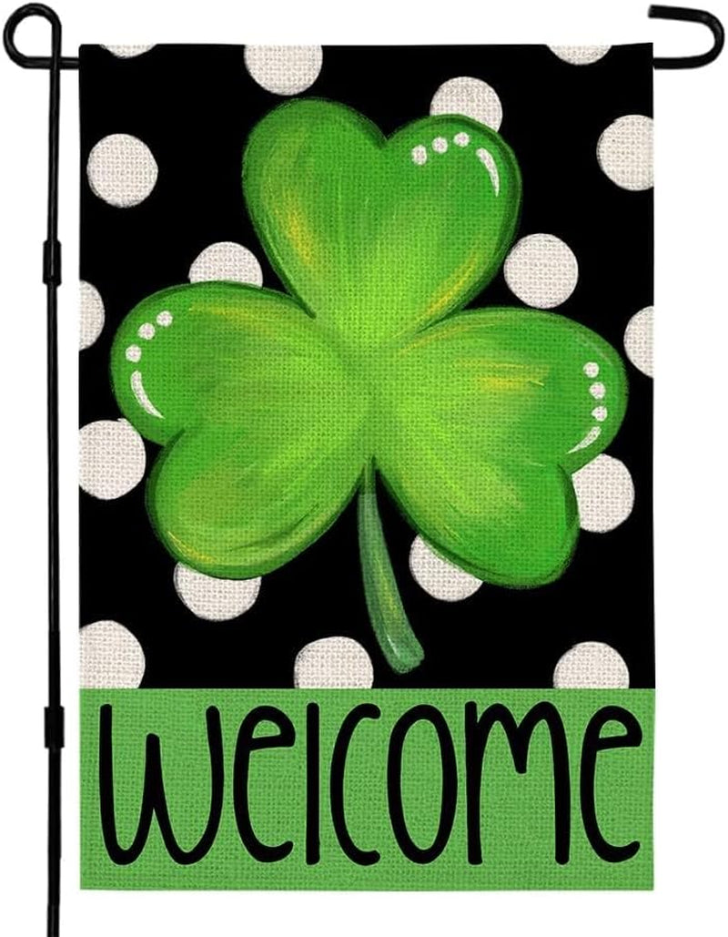 St Patricks Day Shamrock Garden Flag 12×18 Inch Double Sided Green Clover Small Burlap Welcome Polka Dots Holiday Yard Flag for Outside