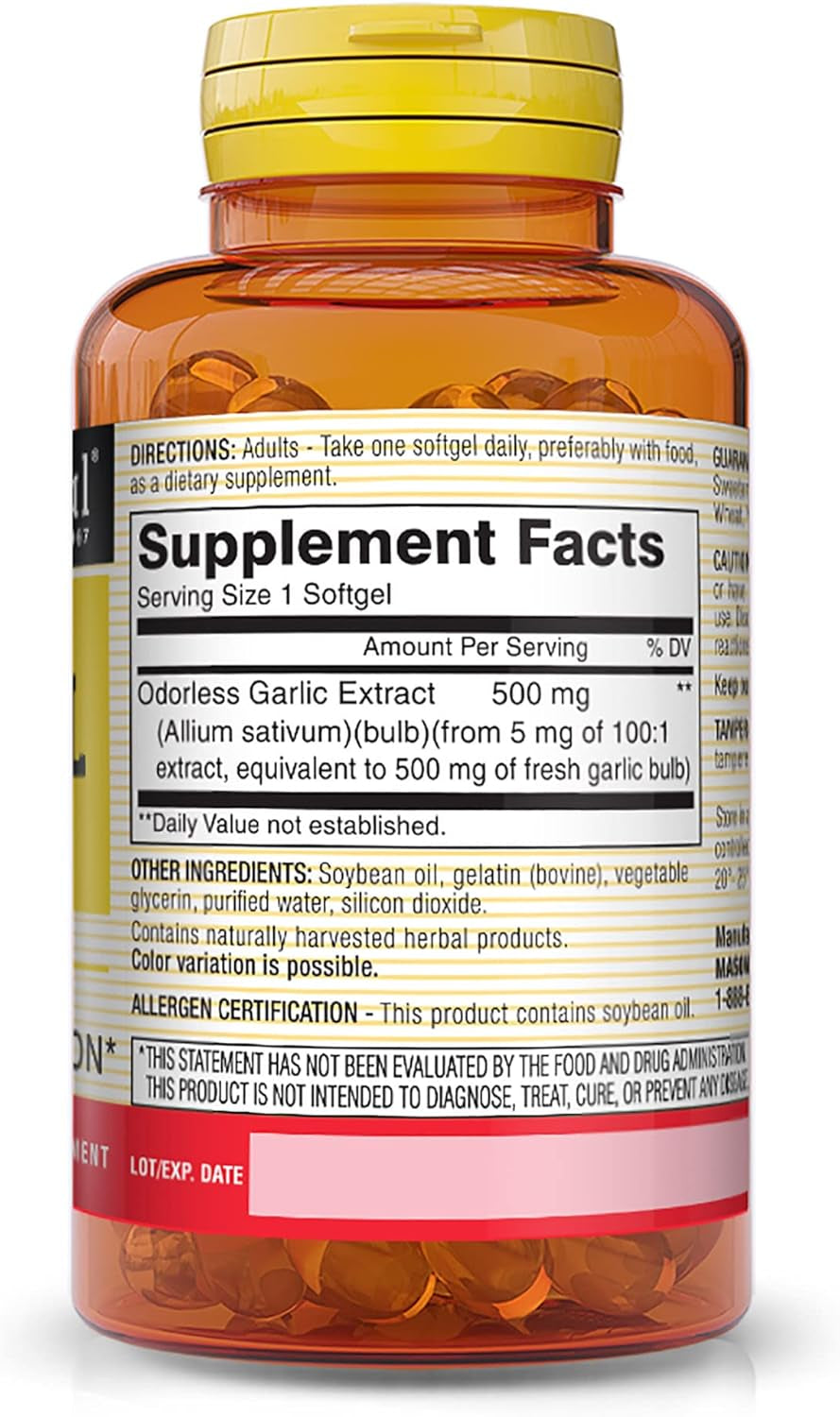 Garlic Oil 500 Mg Odorless Allium Sativum Supplement - Supports Healthy Circulatory Function, 100 Softgels TLBH
