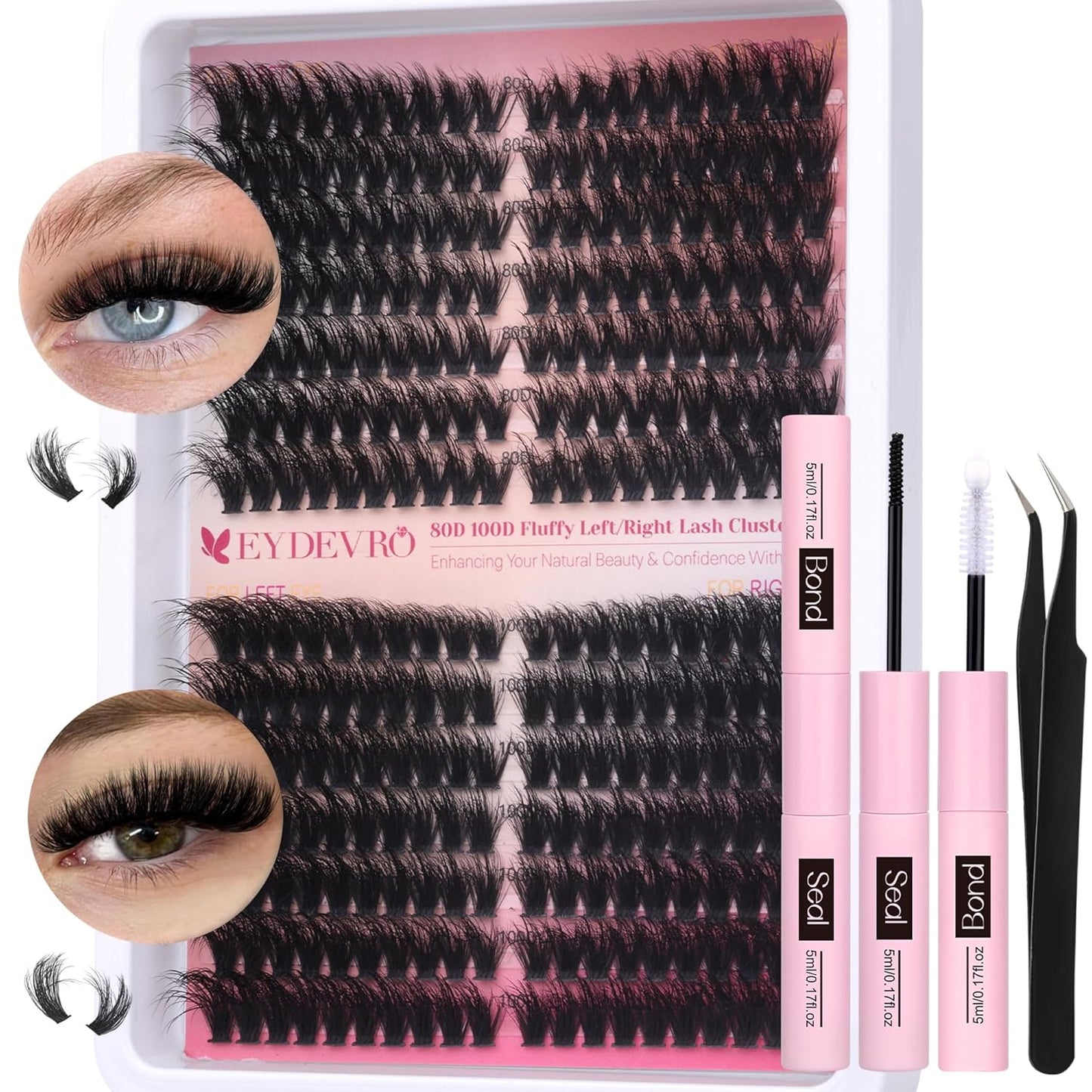 Fluffy Lash Clusters Kit 80D100D Volume Lash Extension Kit 280 Pcs Left/Right Cluster Eyelash Extension Kit D Curl Thick Mega Lash Clusters with Waterproof Lash Bond and Seal and Lash Tweezers