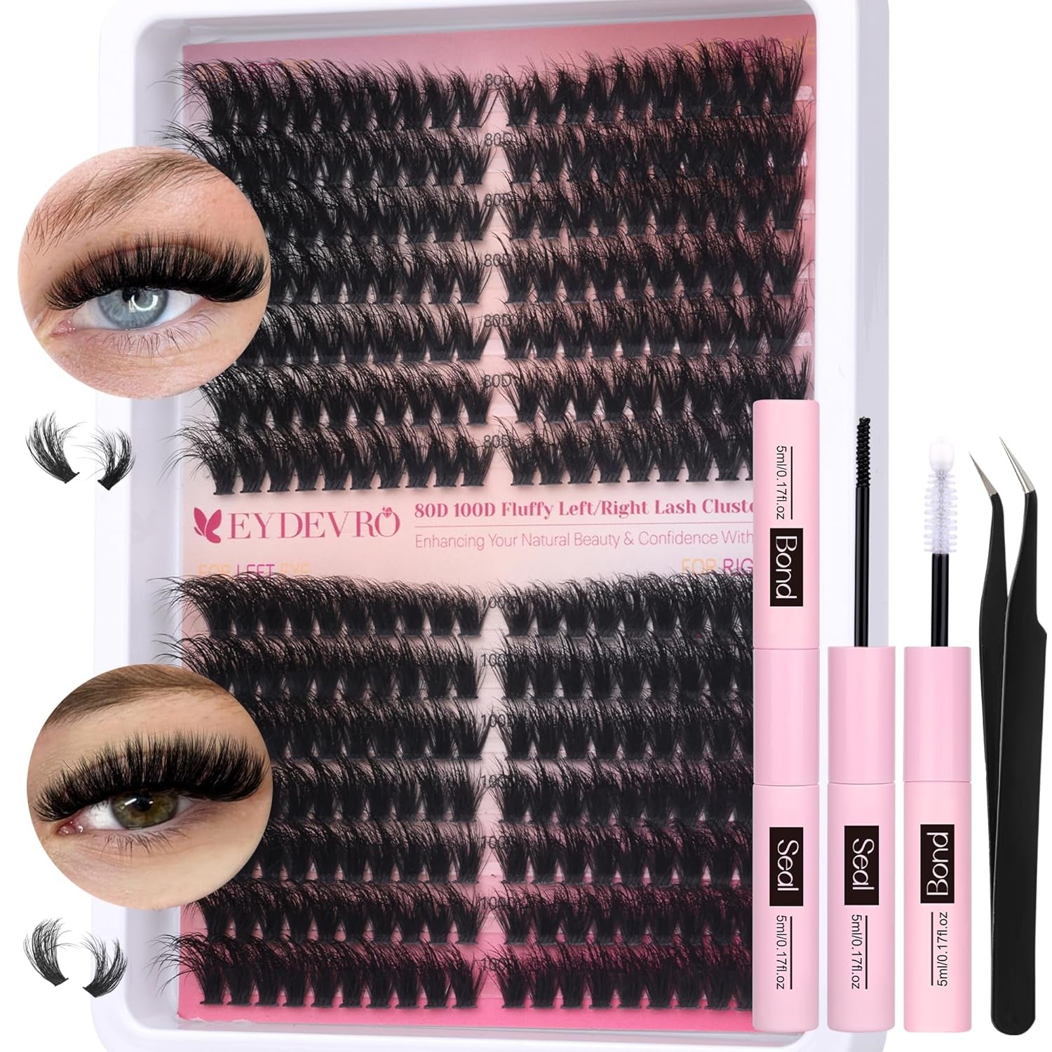 Fluffy Lash Clusters Kit 80D100D Volume Lash Extension Kit 280 Pcs Left/Right Cluster Eyelash Extension Kit D Curl Thick Mega Lash Clusters with Waterproof Lash Bond and Seal and Lash Tweezers